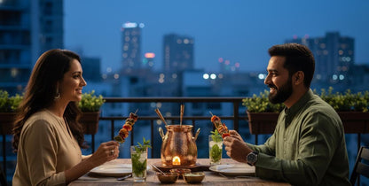 Copper & Wooden Table Tandoor Set - 3 Skewers | Traditional Indian Food Warmer | Dinnerware