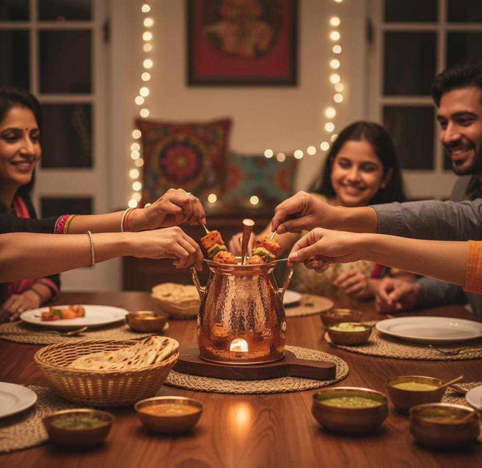 Copper & Wooden Table Tandoor Set - 3 Skewers | Traditional Indian Food Warmer | Dinnerware