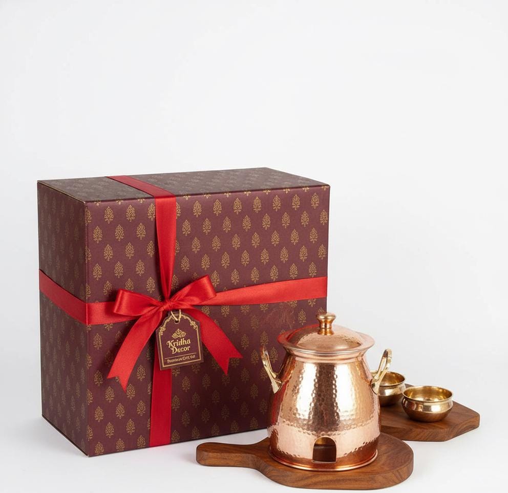 Copper & Wooden Table Tandoor Set - 3 Skewers | Traditional Indian Food Warmer | Dinnerware