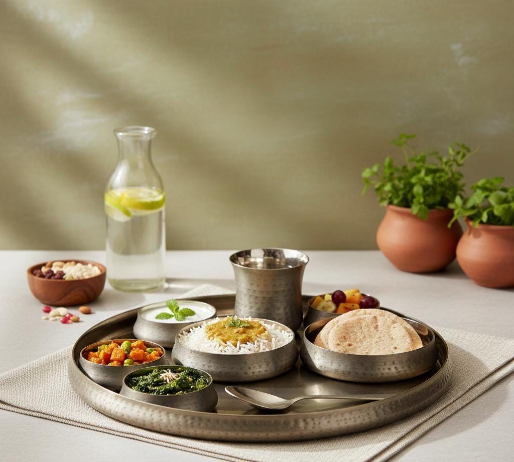 Hammered Brass Copper Kansa Thali Set - 8 Piece Indian Dinnerware