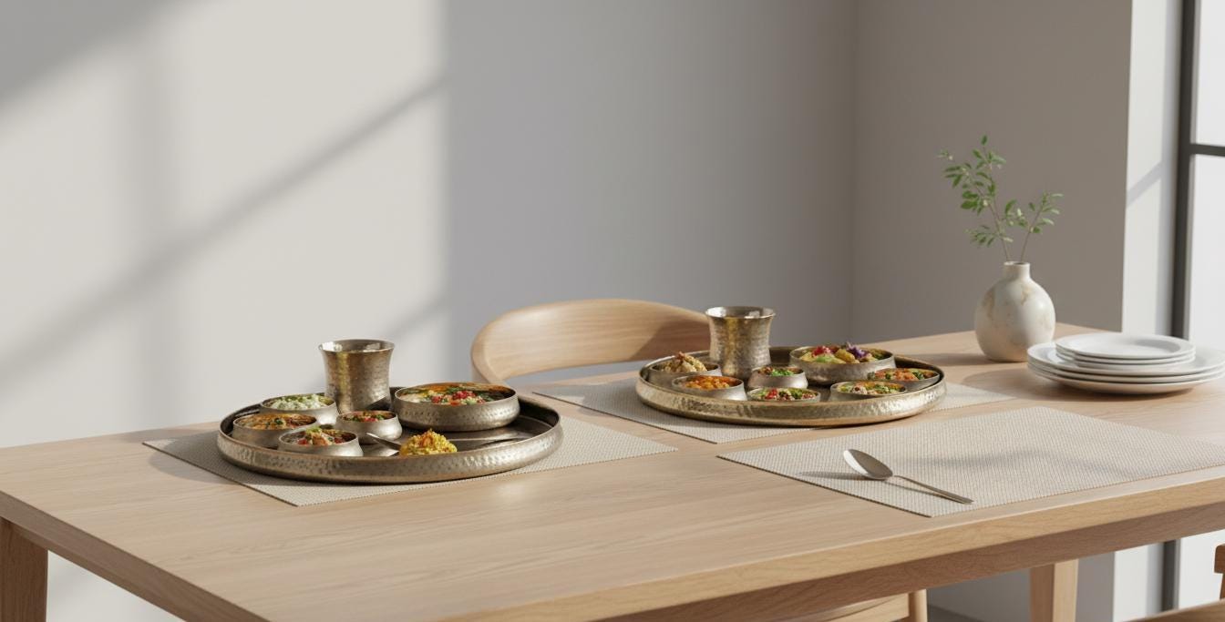 Hammered Brass Copper Kansa Thali Set - 8 Piece Indian Dinnerware