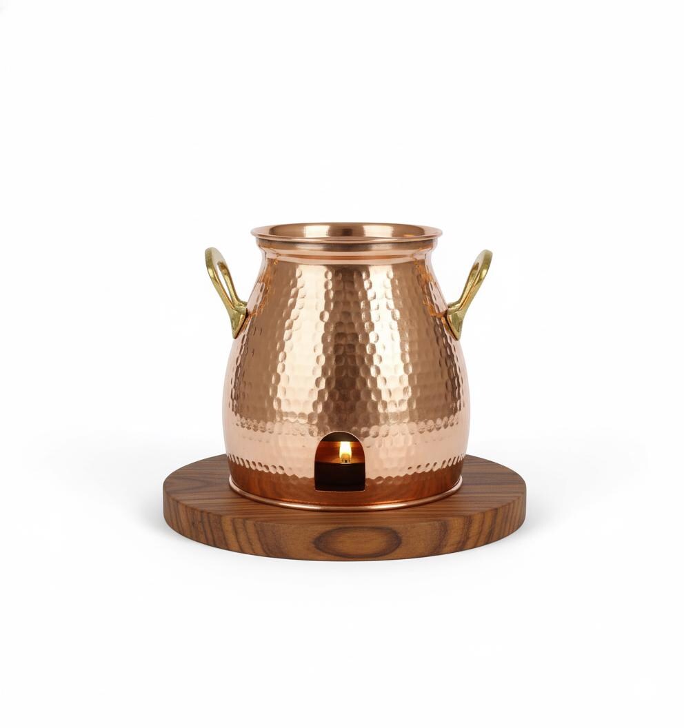 Copper & Wooden Table Tandoor Set - 3 Skewers | Traditional Indian Food Warmer | Dinnerware