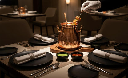 Copper & Wooden Table Tandoor Set - 3 Skewers | Traditional Indian Food Warmer | Dinnerware