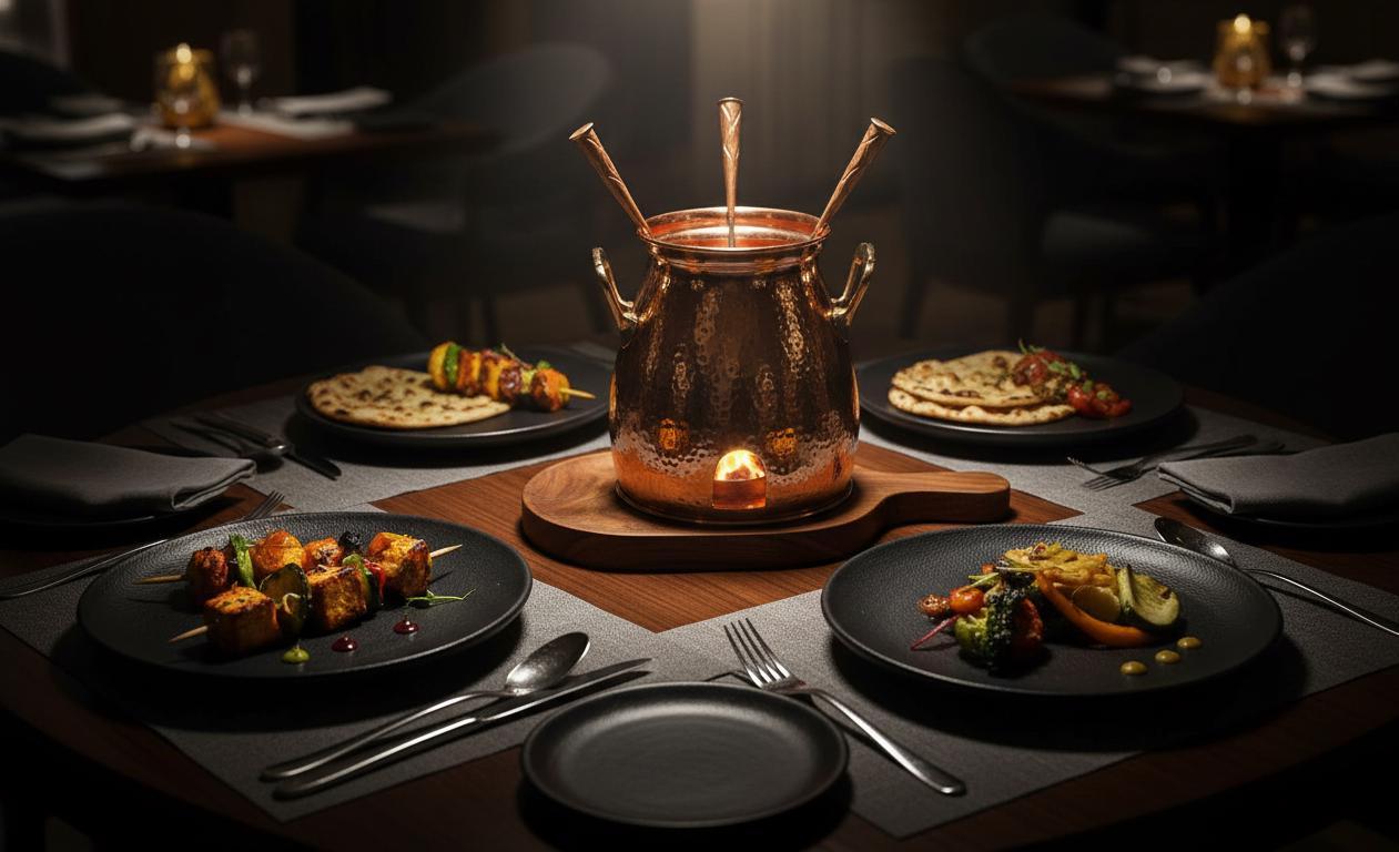 Copper & Wooden Table Tandoor Set - 3 Skewers | Traditional Indian Food Warmer | Dinnerware