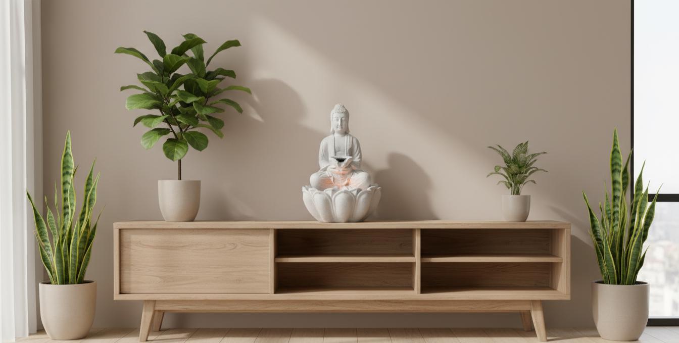 Buddha Bowl Fountain: Resin Tabletop Waterfall with LED Lights (24x18x34 Cm)