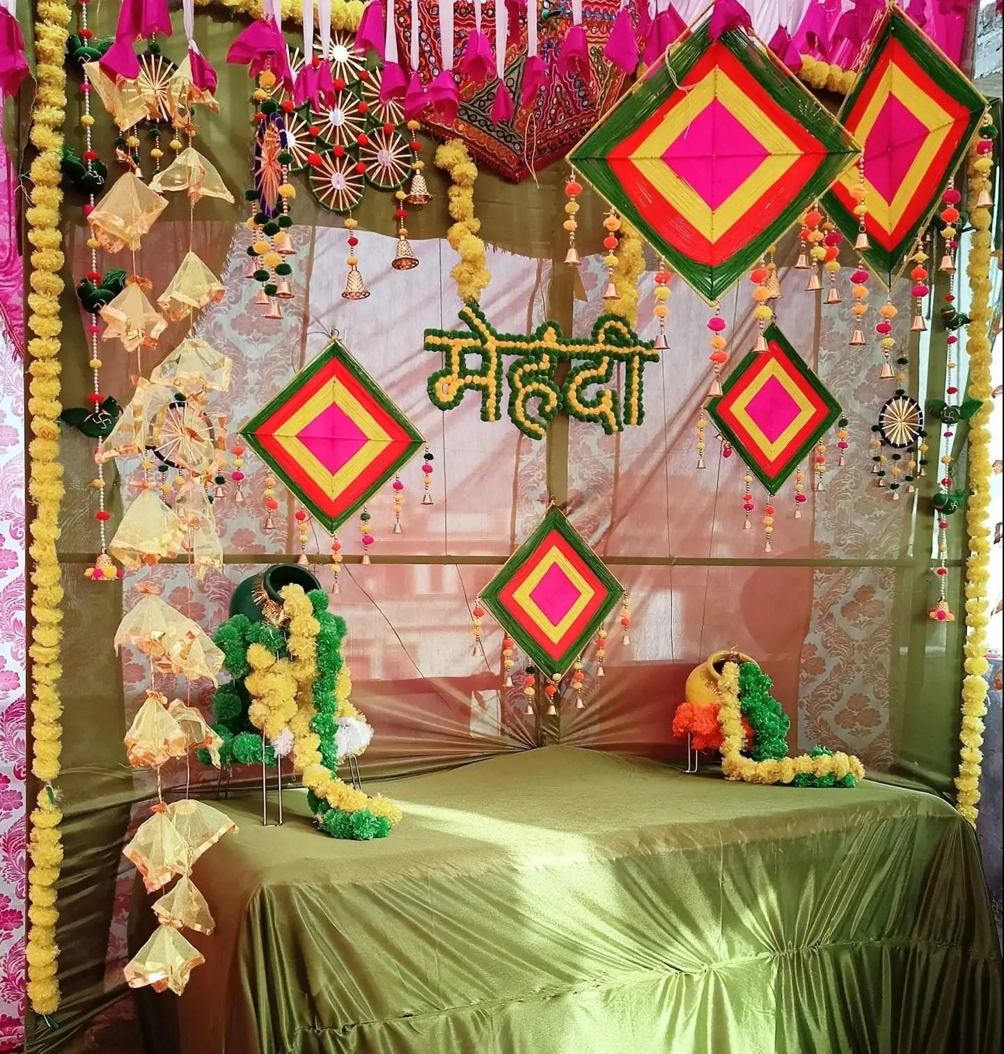 Haldi Mehndi Backdrop Decor Set – Umbrellas, Flower Strings, Potlis, Cushion Covers, Table Runner