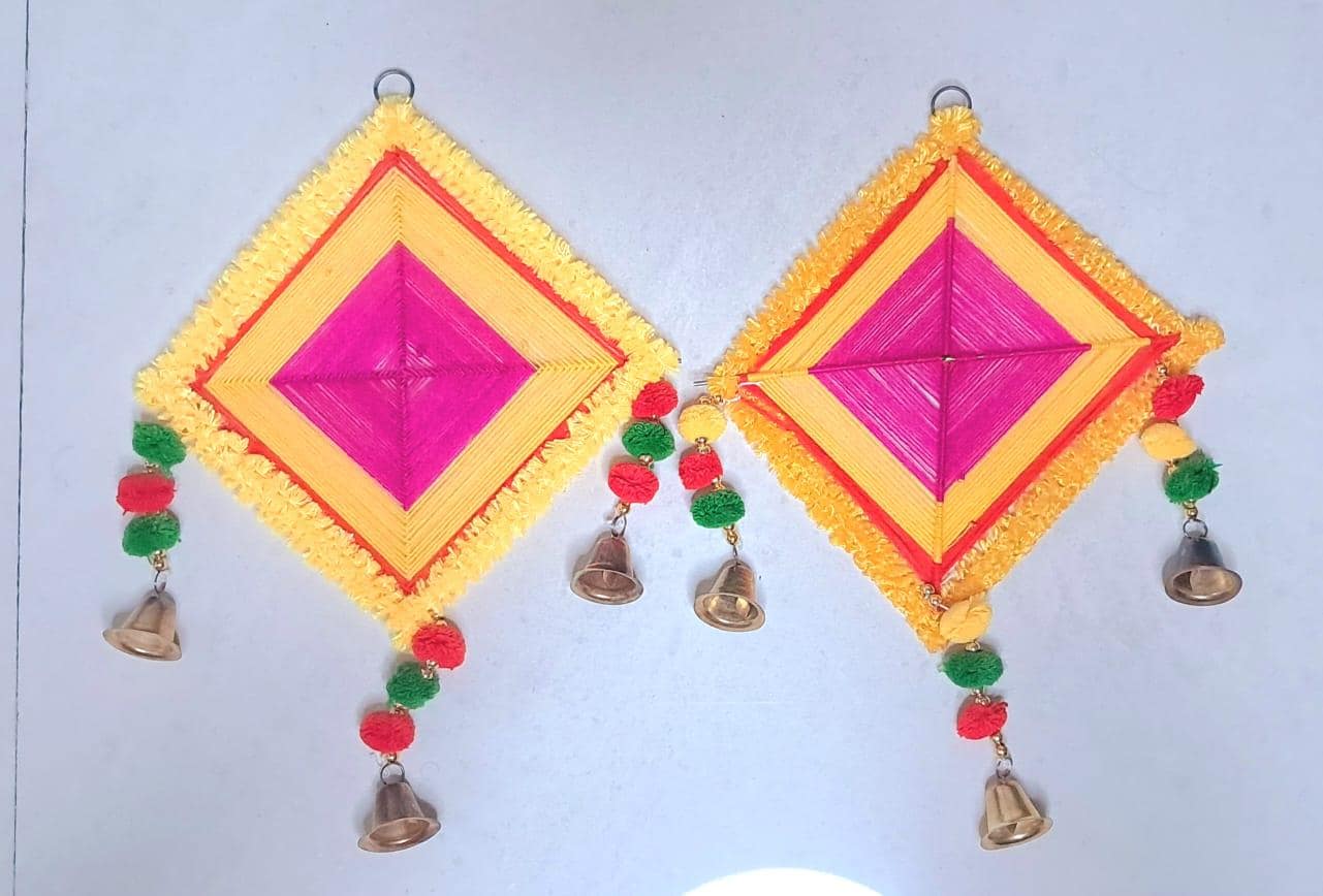Haldi Mehndi Backdrop Decor Set – Umbrellas, Flower Strings, Potlis, Cushion Covers, Table Runner