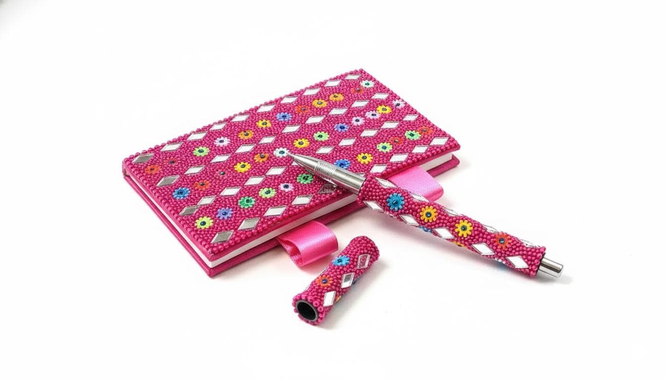 Lac Beaded Diary & Pen Set – Handmade Paper Beaded Notebook, Indian Gift Stationery