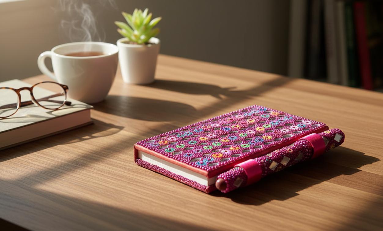 Lac Beaded Diary & Pen Set – Handmade Paper Beaded Notebook, Indian Gift Stationery