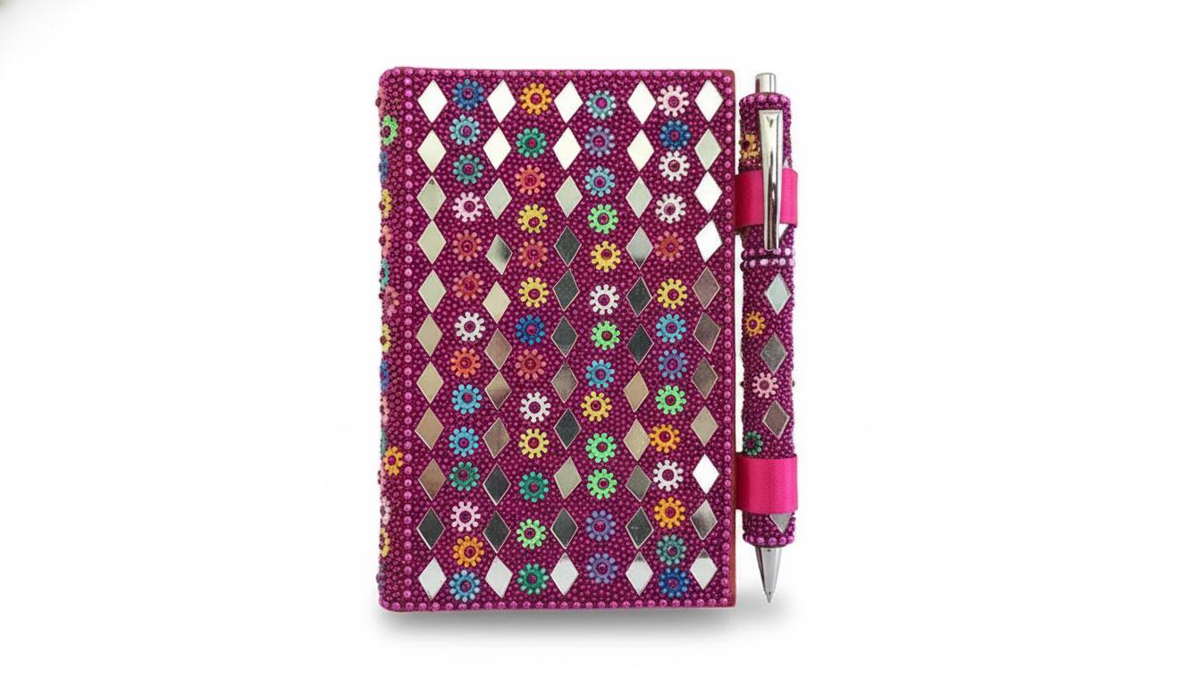 Lac Beaded Diary & Pen Set – Handmade Paper Beaded Notebook, Indian Gift Stationery
