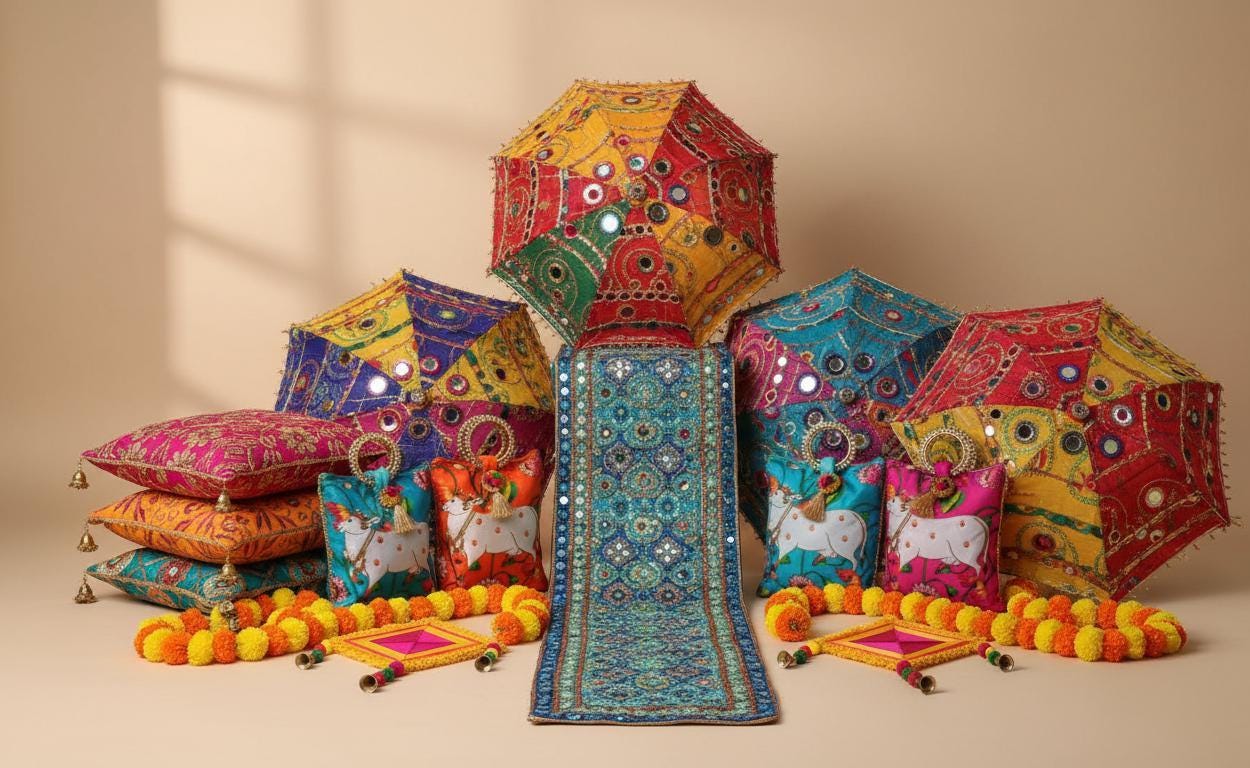 Haldi Mehndi Backdrop Decor Set – Umbrellas, Flower Strings, Potlis, Cushion Covers, Table Runner