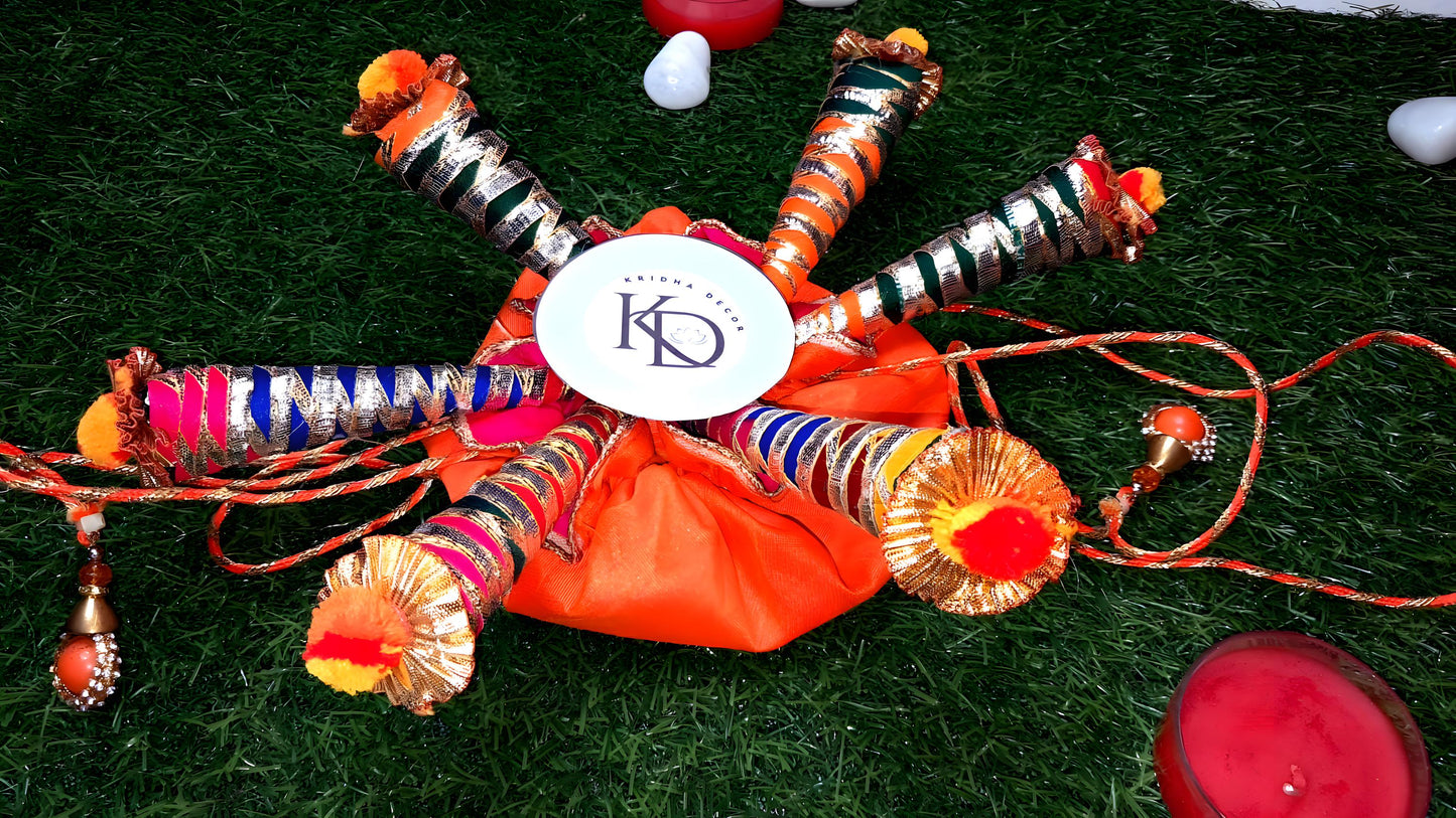 Haldi Mehndi Backdrop Decor Set – Umbrellas, Flower Strings, Potlis, Cushion Covers, Table Runner