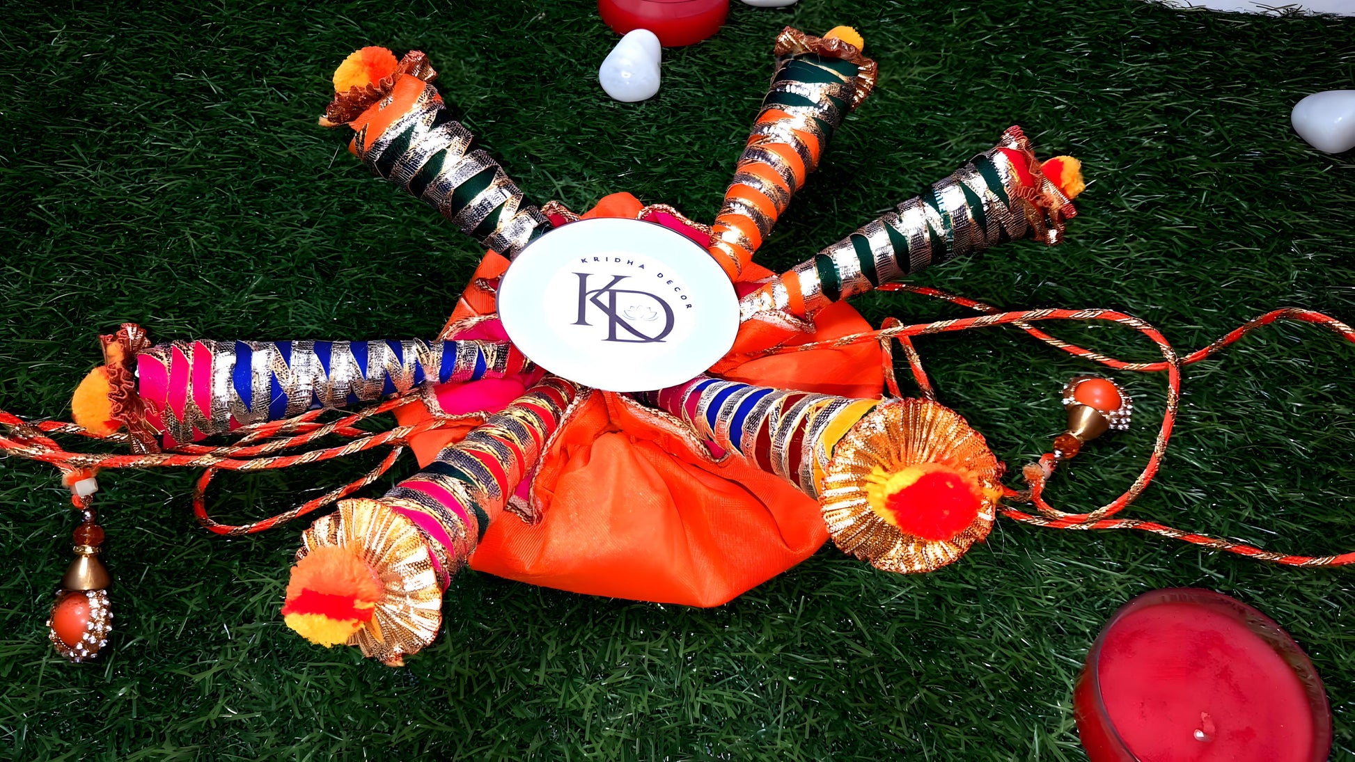 Haldi Mehndi Backdrop Decor Set – Umbrellas, Flower Strings, Potlis, Cushion Covers, Table Runner