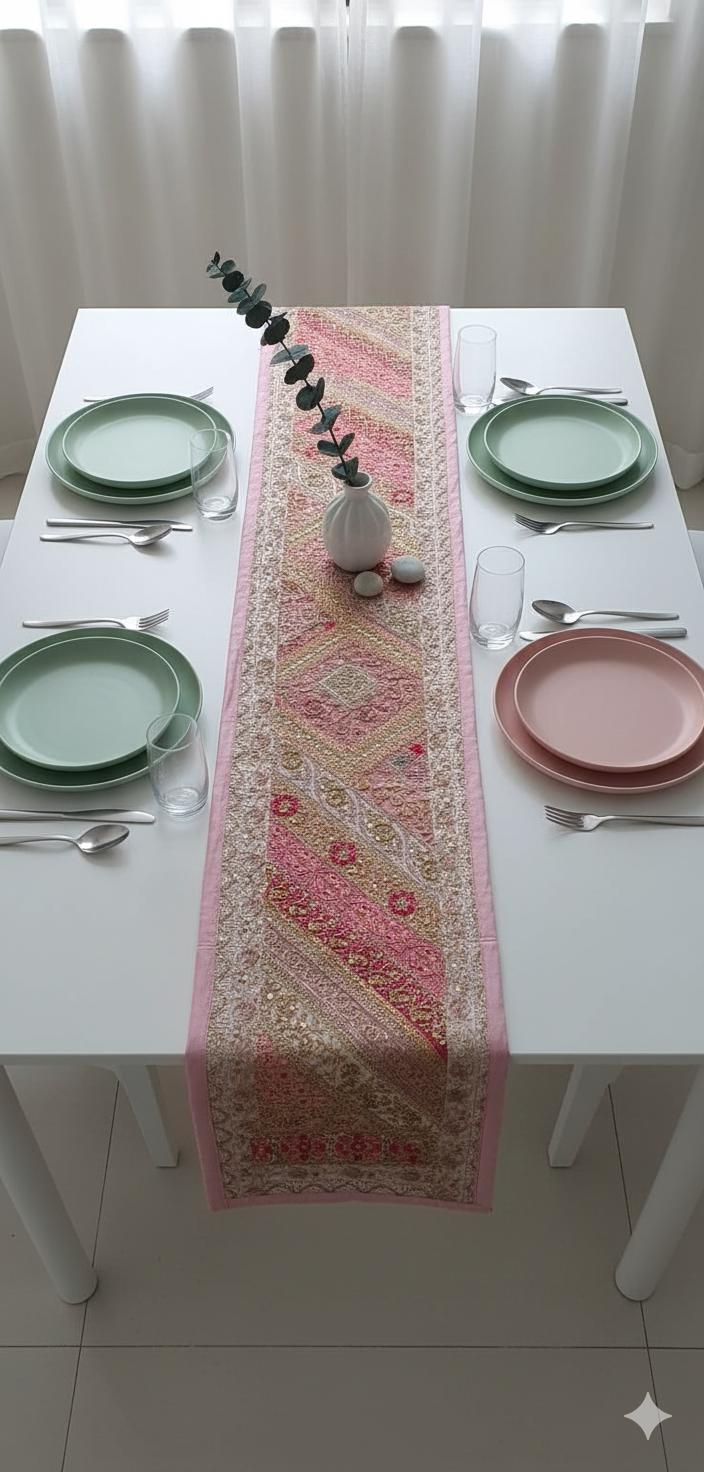 Haldi Mehndi Backdrop Decor Set – Umbrellas, Flower Strings, Potlis, Cushion Covers, Table Runner