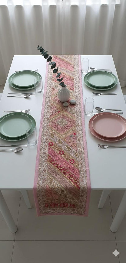 Haldi Mehndi Backdrop Decor Set – Umbrellas, Flower Strings, Potlis, Cushion Covers, Table Runner