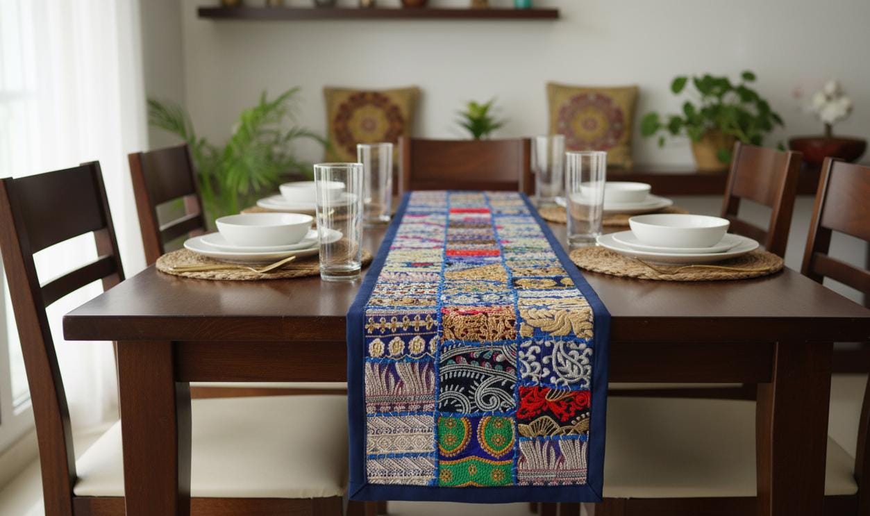 Indian Tapestry wall hanging Embroidered Table Runner: Vintage Patchwork , Boho Decor (60 X20 IN)