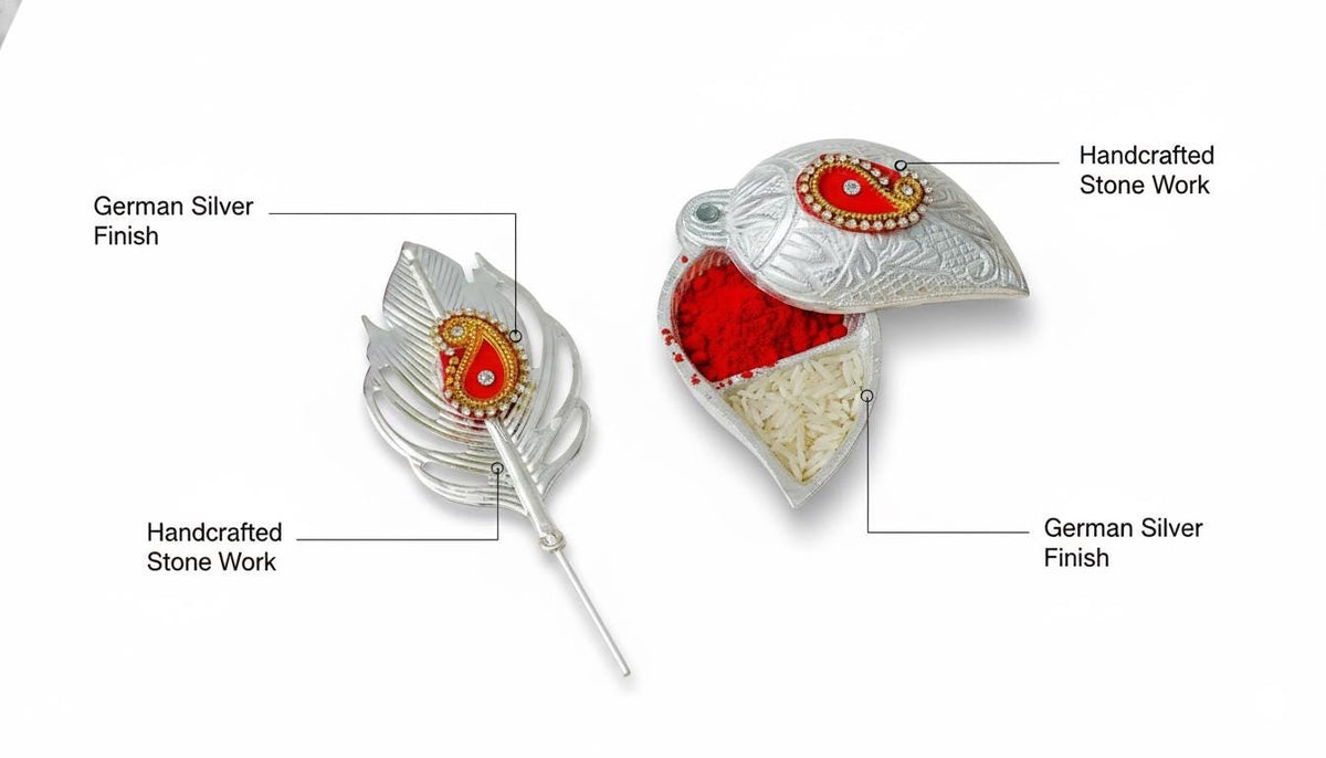 German Silver Pooja Set, Peacock Feather Tilak Stick, Kumkum Box, Haldi Ritual Kit