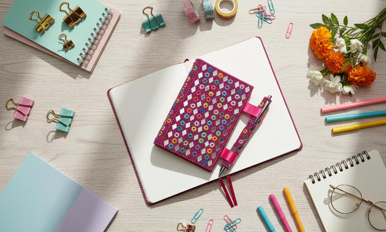 Lac Beaded Diary & Pen Set – Handmade Paper Beaded Notebook, Indian Gift Stationery