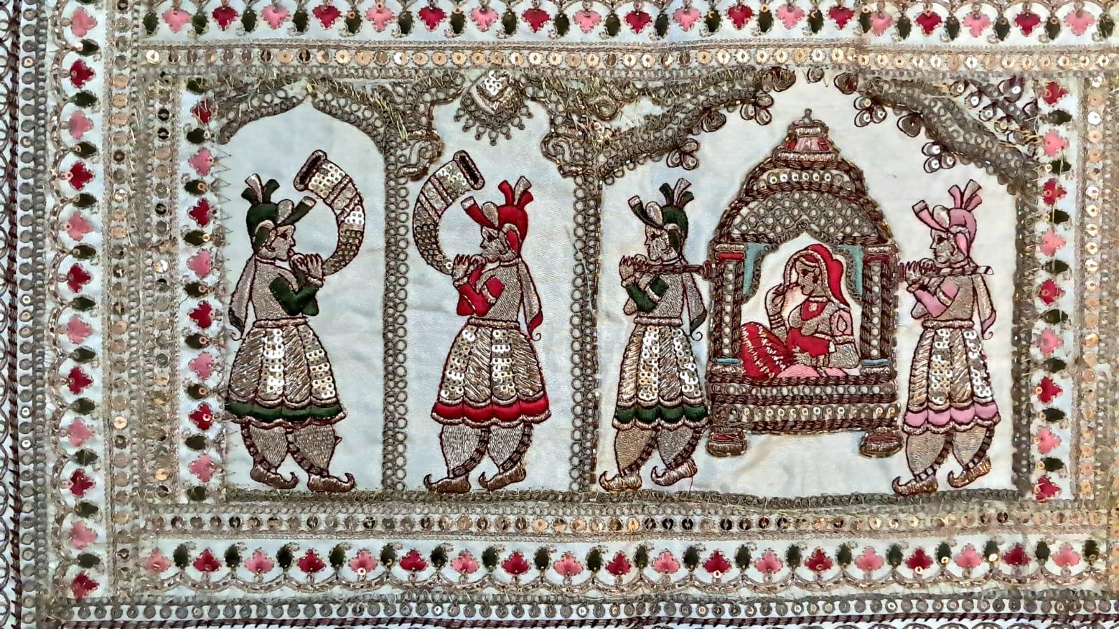 Vintage Gujarati Embroidered Wall Tapestry, Hand-Embroidered Mirror Work Ethnic Decor