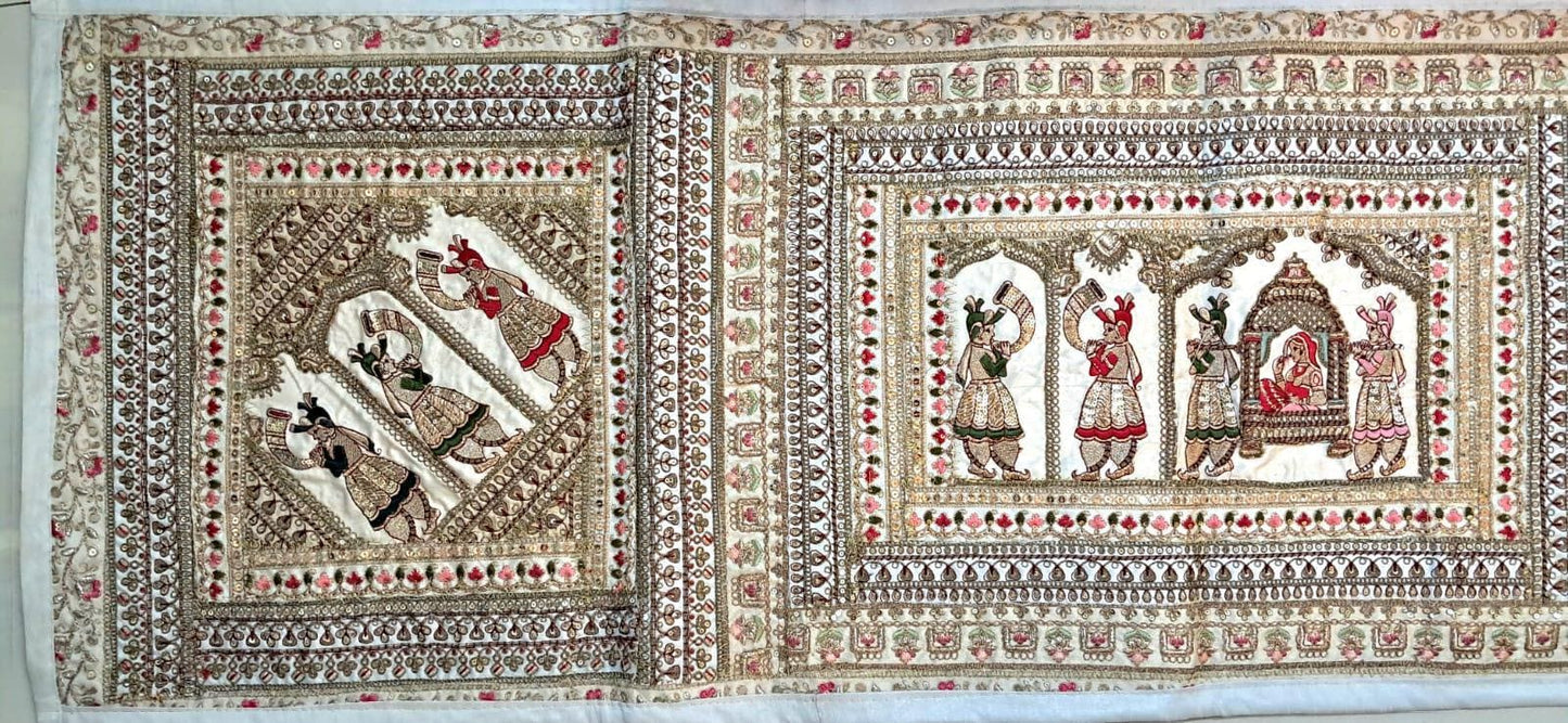 Vintage Gujarati Embroidered Wall Tapestry, Hand-Embroidered Mirror Work Ethnic Decor