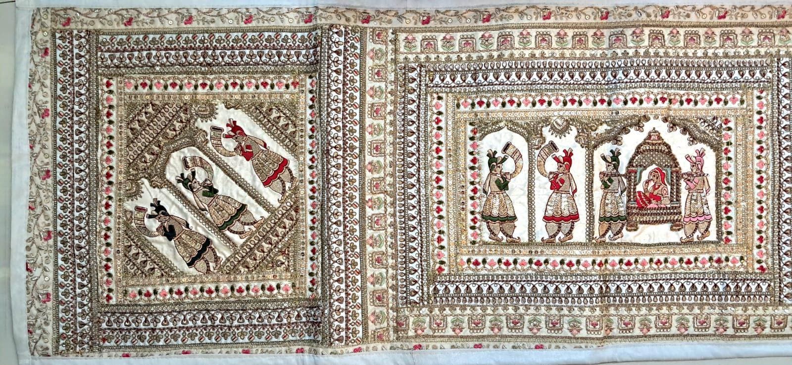Vintage Gujarati Embroidered Wall Tapestry, Hand-Embroidered Mirror Work Ethnic Decor