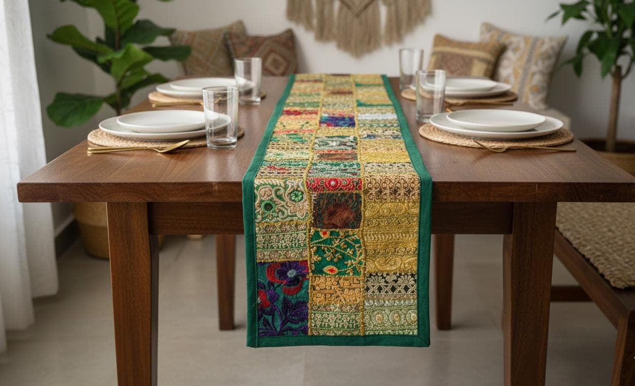 Indian Tapestry wall hanging Embroidered Table Runner: Vintage Patchwork , Boho Decor (60 X20 IN)