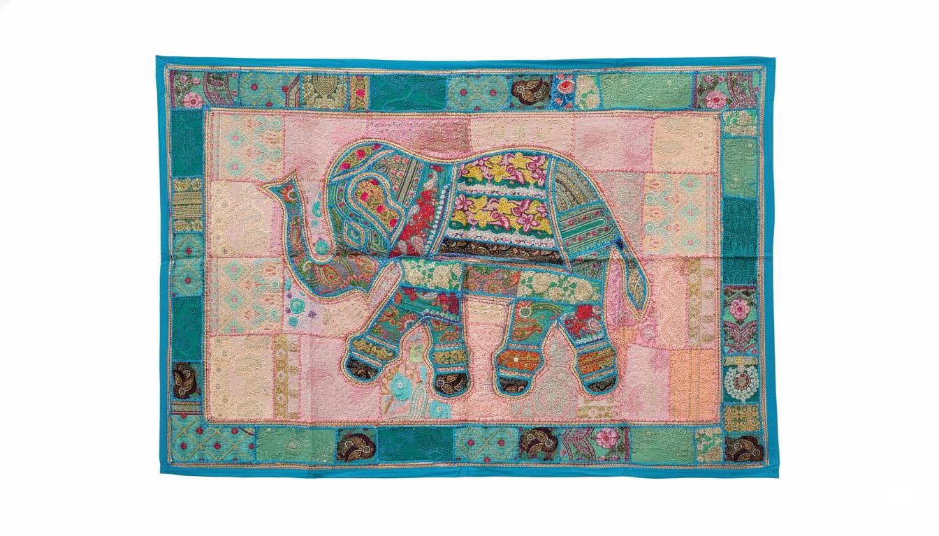 Boho Elephant Tapestry – Vintage Indian Patchwork Boho Wall Art
