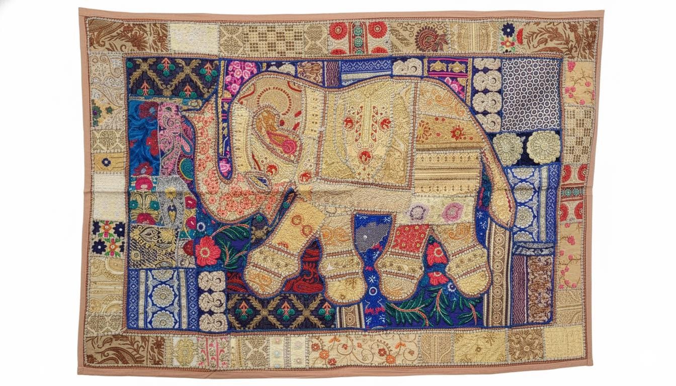 Boho Elephant Tapestry – Vintage Indian Patchwork Boho Wall Art