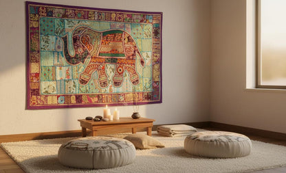 Boho Elephant Tapestry – Vintage Indian Patchwork Boho Wall Art