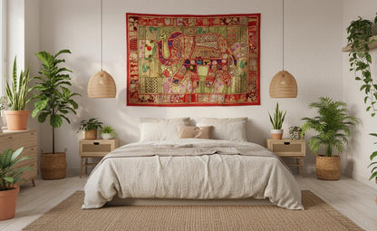 Boho Elephant Tapestry – Vintage Indian Patchwork Boho Wall Art
