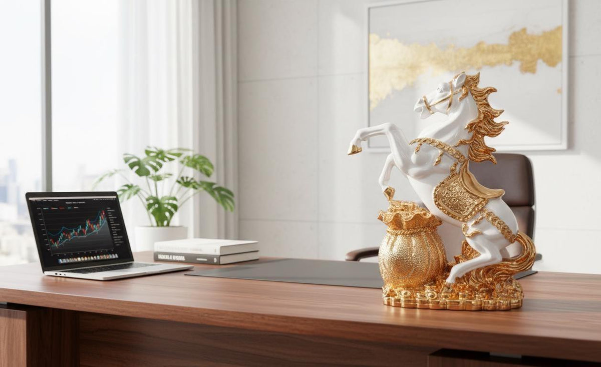 Resin Horse Statue, Golden Wealth Success Decor, Resin Office Sculpture (14 inch)