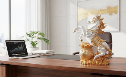 Resin Horse Statue, Golden Wealth Success Decor, Resin Office Sculpture (14 inch)