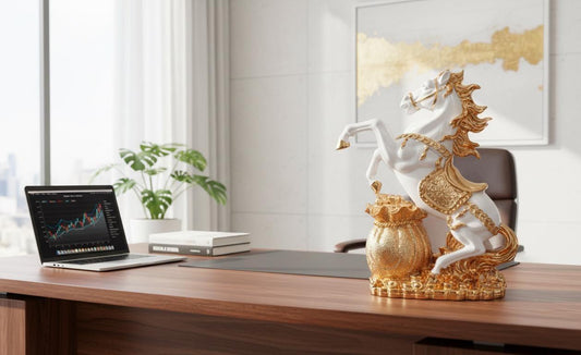 Golden resin horse statue, galloping pose, 14 inches