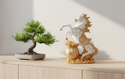Resin Horse Statue, Golden Wealth Success Decor, Resin Office Sculpture (14 inch)