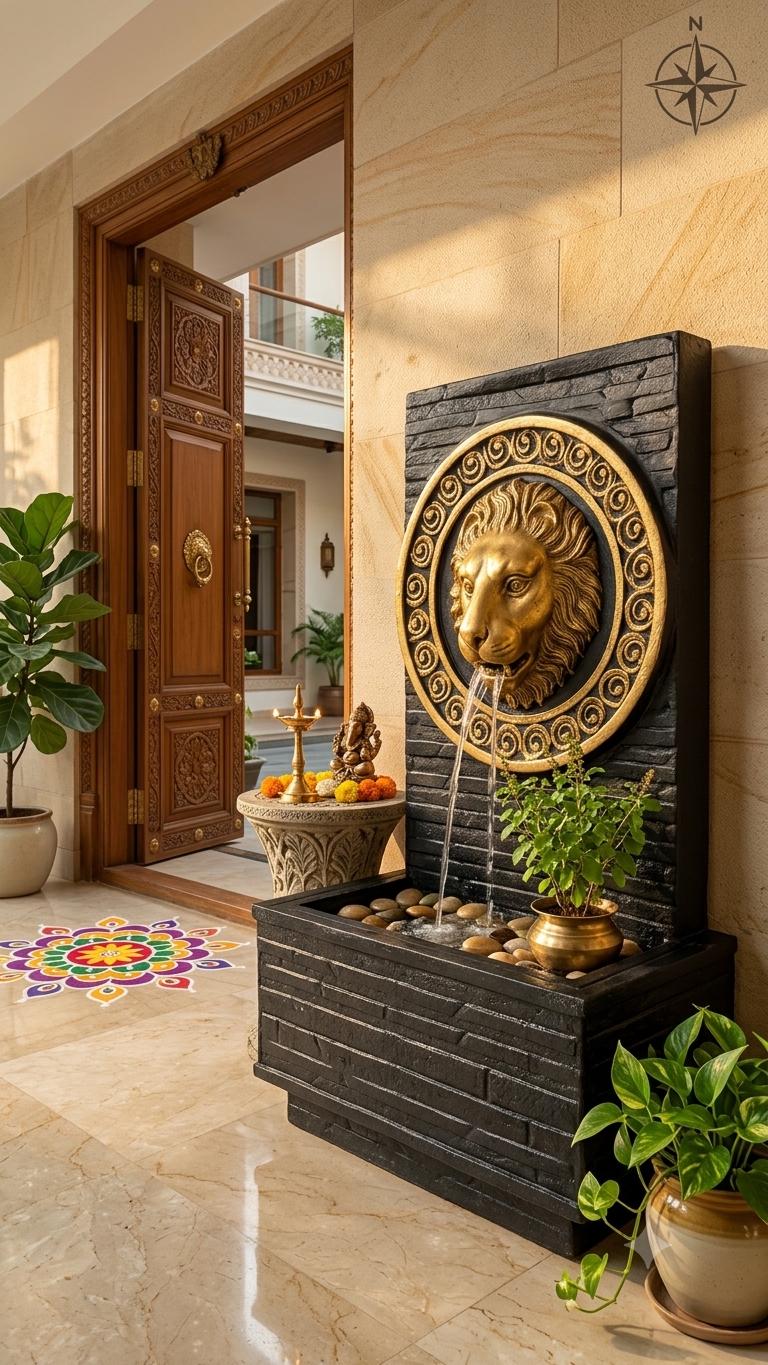 Lion Head Water Fountain, Antique Gold, Textured Black Finish, Outdoor Garden Decor