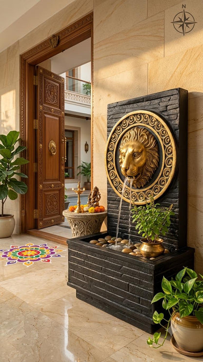 Lion Head Water Fountain, Antique Gold, Textured Black Finish, Outdoor Garden Decor