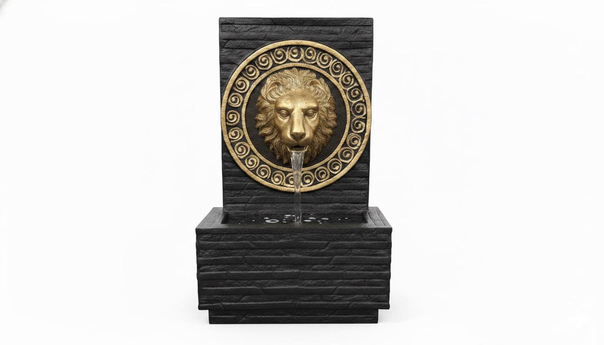 Lion Head Water Fountain, Antique Gold, Textured Black Finish, Outdoor Garden Decor