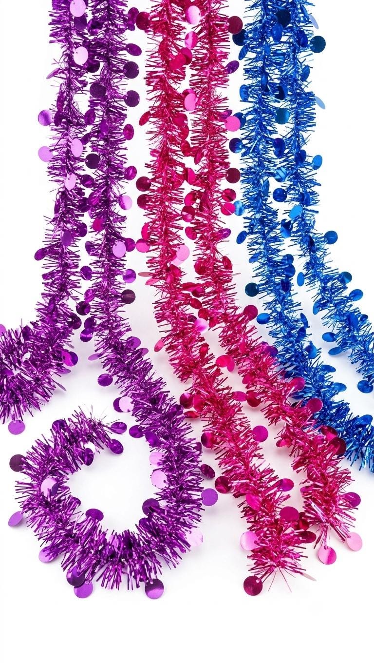 Tinsel Garland Strand, Blue Pink Golden Fringe Decor, Party Backdrop, Christmas Tree & Craft Decoration