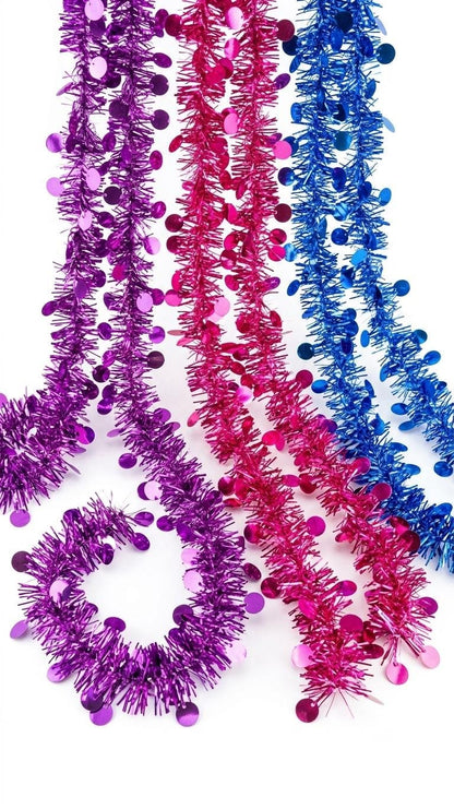 Tinsel Garland Strand, Blue Pink Golden Fringe Decor, Party Backdrop, Christmas Tree & Craft Decoration