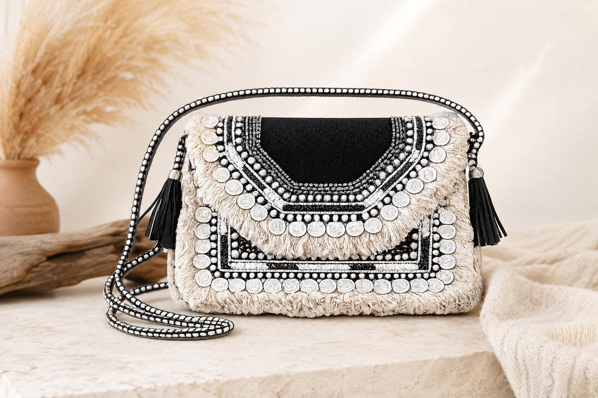 Boho Jacquard Beaded Clutch Bag | Black White Coin Fringe Shoulder Purse