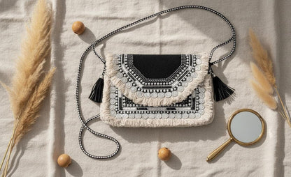 Boho Jacquard Beaded Clutch Bag | Black White Coin Fringe Shoulder Purse