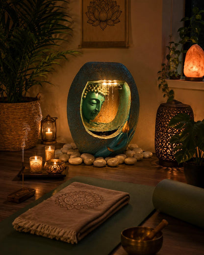 Buddha Water Fountain, Turquoise Resin Tabletop Waterfall, Zen Meditation Decor