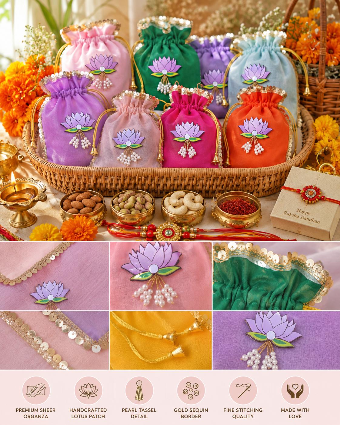 Organza Lotus Potli Bags | Wedding Favor, Dry Fruit, Diwali Gift Pouches
