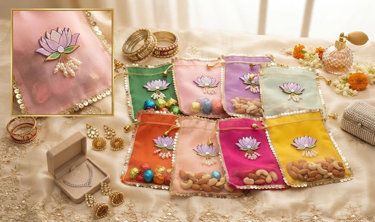 Organza Lotus Potli Bags | Wedding Favor, Dry Fruit, Diwali Gift Pouches