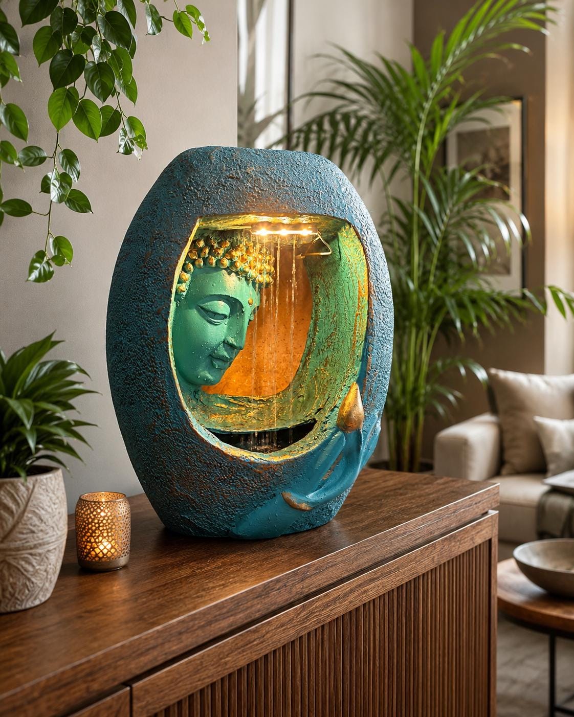 Buddha Water Fountain, Turquoise Resin Tabletop Waterfall, Zen Meditation Decor