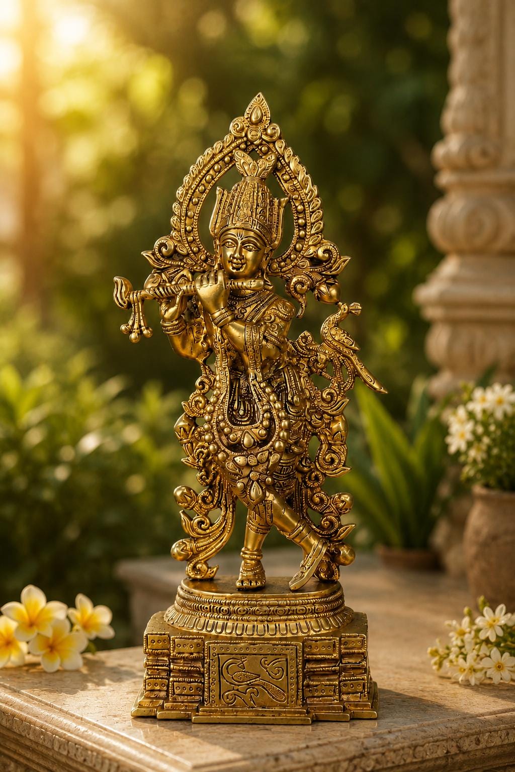 Handcrafted Lord Krishna Flute Idol, Solid Brass Temple Decor with Peacock