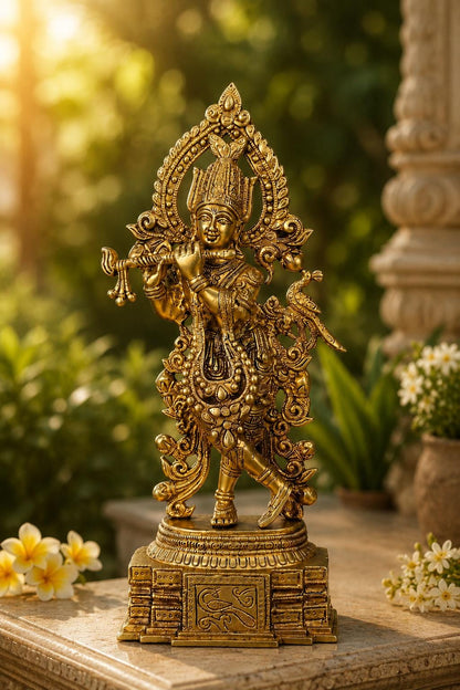 Handcrafted Lord Krishna Flute Idol, Solid Brass Temple Decor with Peacock