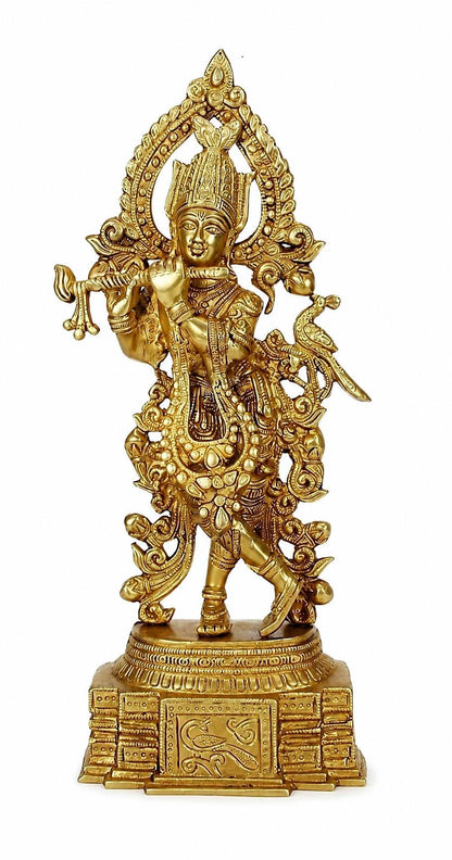 Handcrafted Lord Krishna Flute Idol, Solid Brass Temple Decor with Peacock