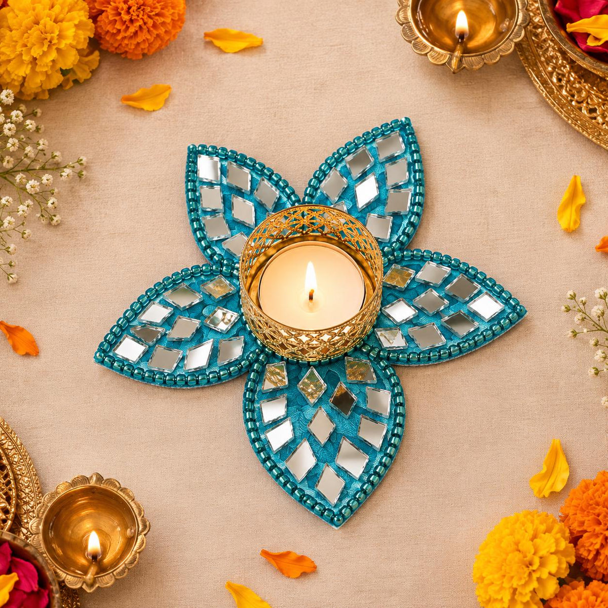 Handmade Diwali Candle Holder: Kundan Stone Indian Decor