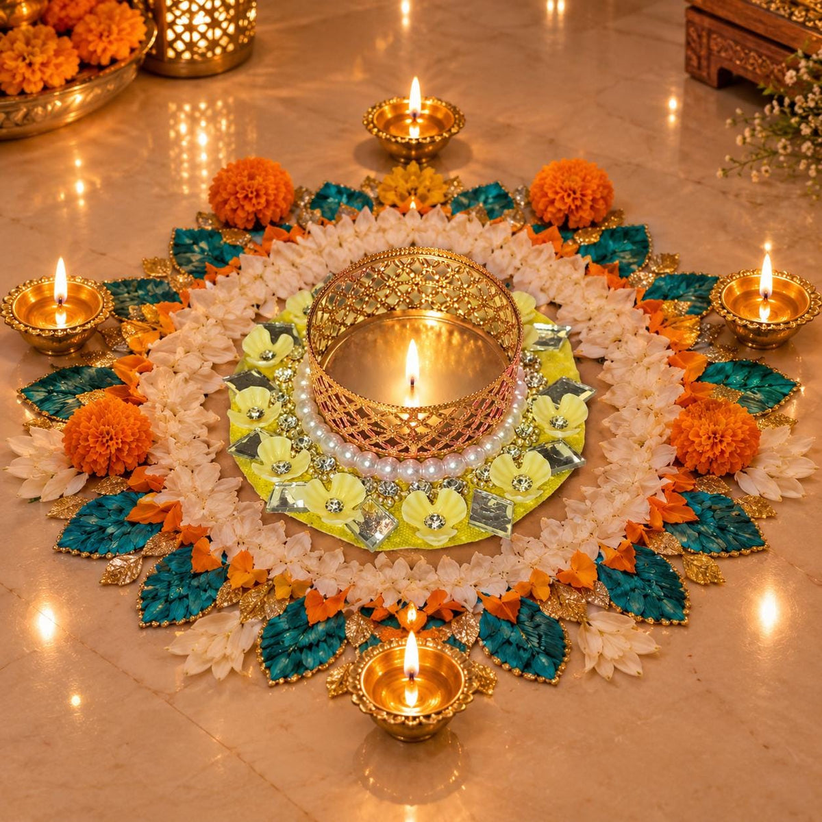Mirror & Bead Diwali Diya Tea Light Holder: Indian Pooja Decoration